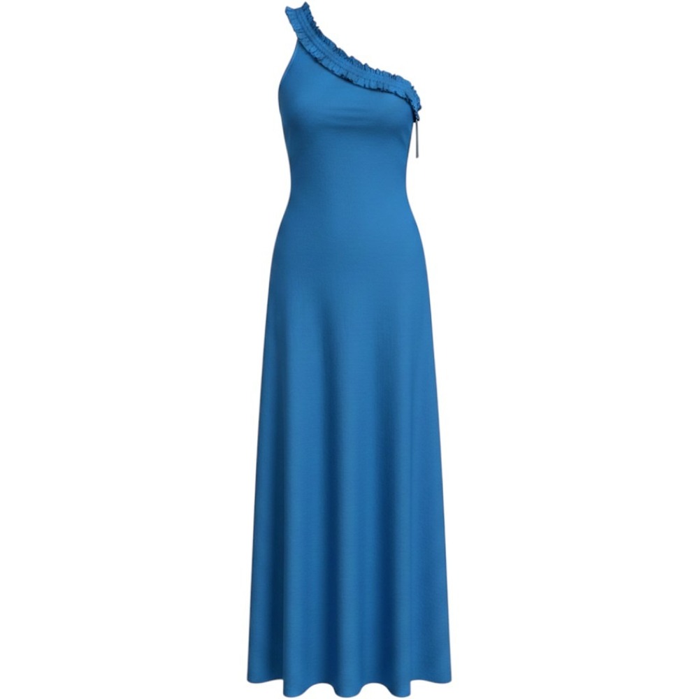 Bird n Knoll XL Blue Donatella Poplin Maxi Stretch Dress One Shoulder Pockets